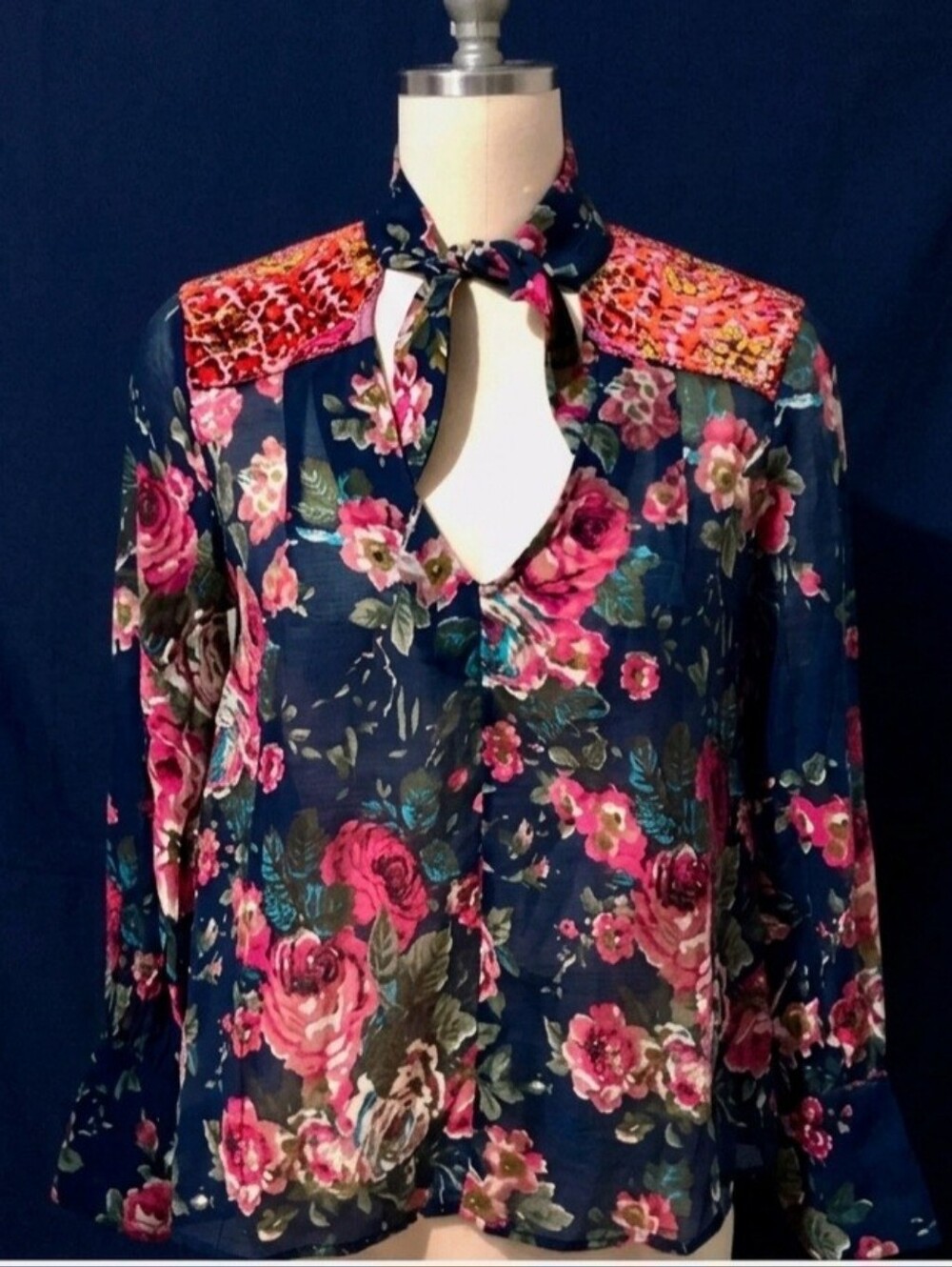Boho Floral Mixed-Print Blouse - Size Small (Great Condition; background navy